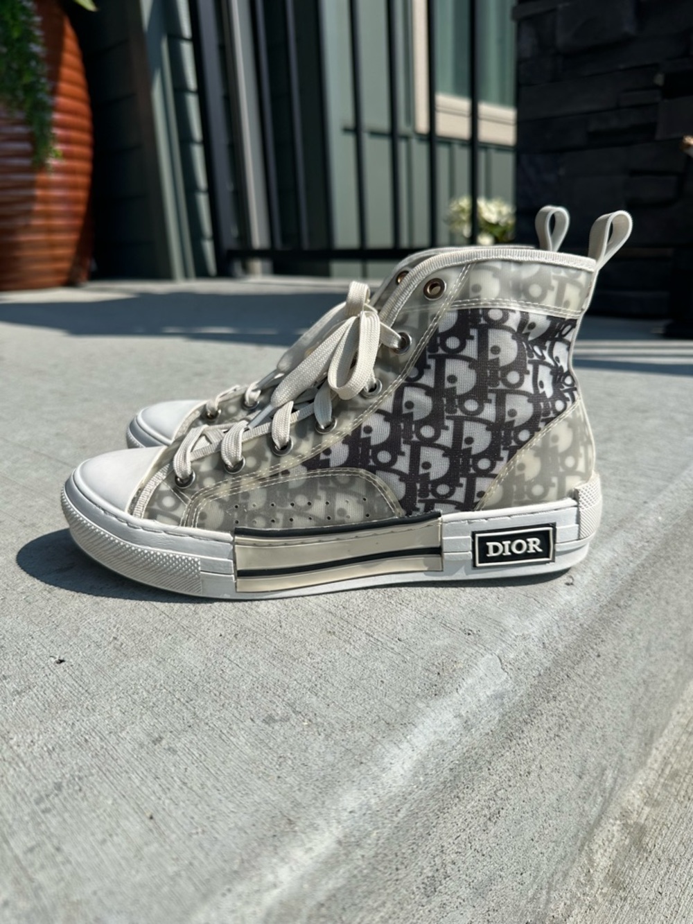 Dior White and Gray Monogram High-Top Sneakers